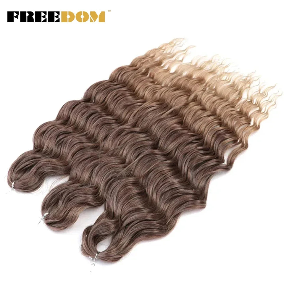 FREEDOM Synthetic Curly Braiding Hair Extensions 24 Inch/60 cm Long Deep Wavy Twist Crochet Braids Hair Ombre Brown Rainbow Hair