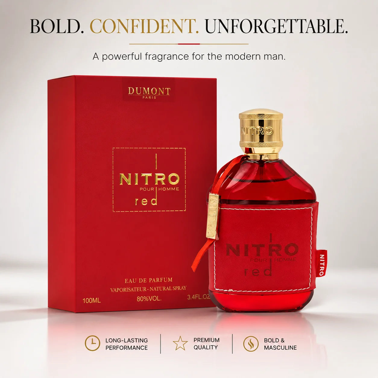 Dumont Nitro Red Pour Homme Eau de Parfum for Men, 3.4 Fl Oz / 100ml, Bold Masculine Fragrance Spray with Red Bottle and Gift Box for Daily Wear, Date Night and Special Occasions