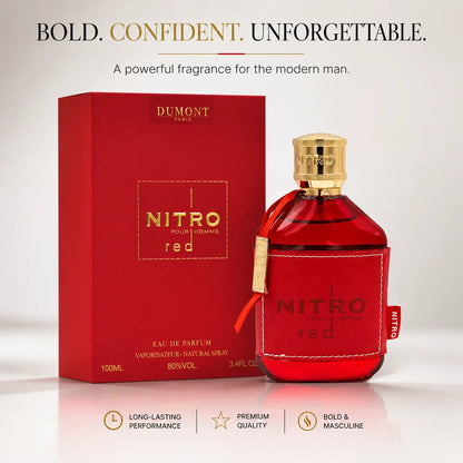 Dumont Nitro Red Pour Homme Eau de Parfum for Men, 3.4 Fl Oz / 100ml, Bold Masculine Fragrance Spray with Red Bottle and Gift Box for Daily Wear, Date Night and Special Occasions