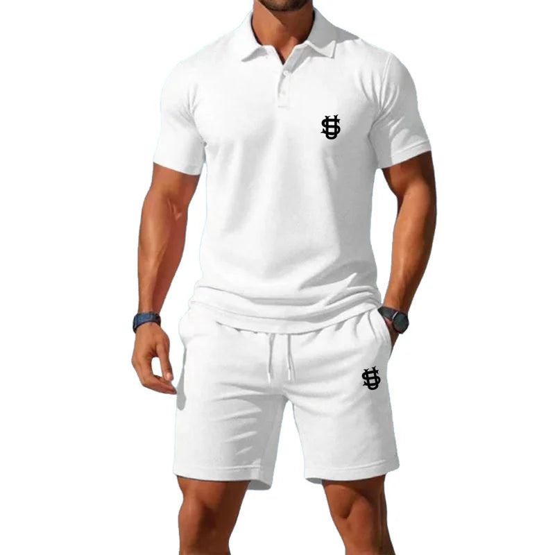 Men's summer sports outfit T-shirt top - two-piece set, including shorts, with a slim fit design and a gentleman's style