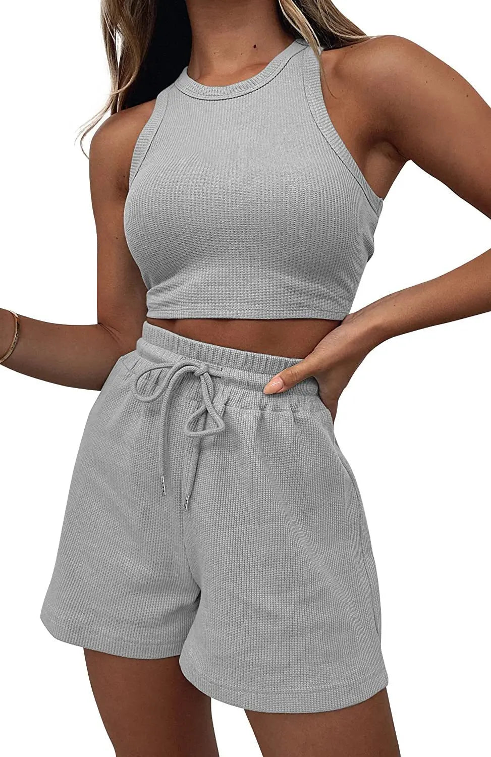 Hot Sells Women's Shorts 2-piece Set Waffle Short Vest Sports Running Elastic Waist Drawstring Summer Fashion Set for Female