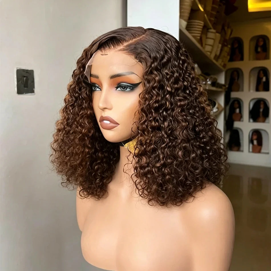 Wet And Wavy Lace Frontal Wig Short Bob Wig Pre Plucked #4 Deep Wave Full Virgin Human Hair Bob Brown Lace Front Wigs Bob Human Hair  Multi Part Pre Plucked with Baby hair