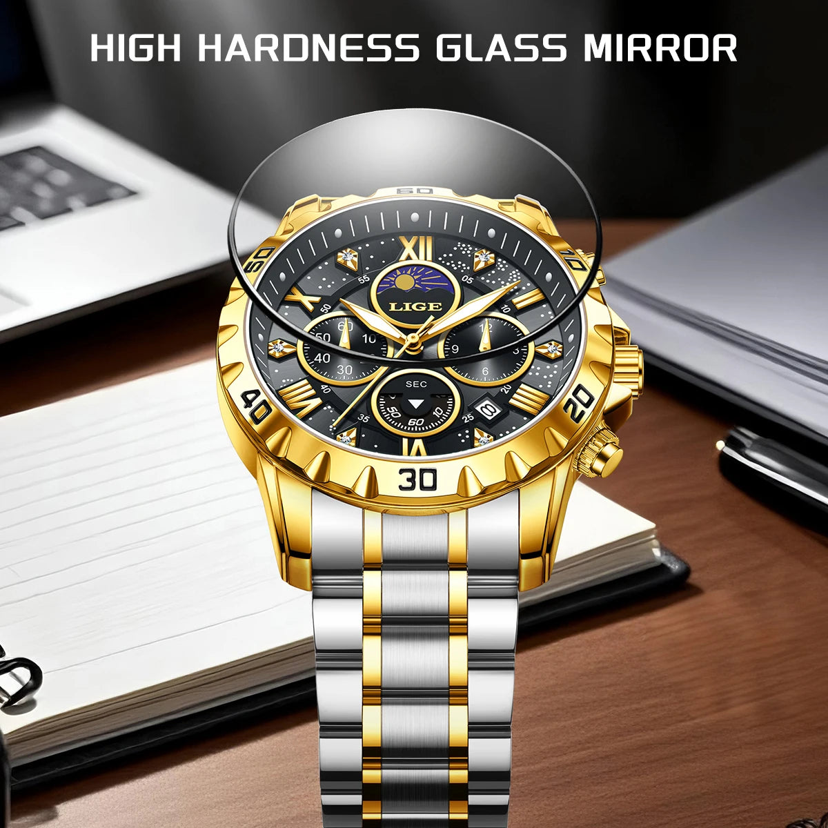 LIGE Top Brand Luxury Quartz Man Watch Casual Sport Waterproof Stainless Luminous Chronograph 24H Moon Phase Watches for Men+Box