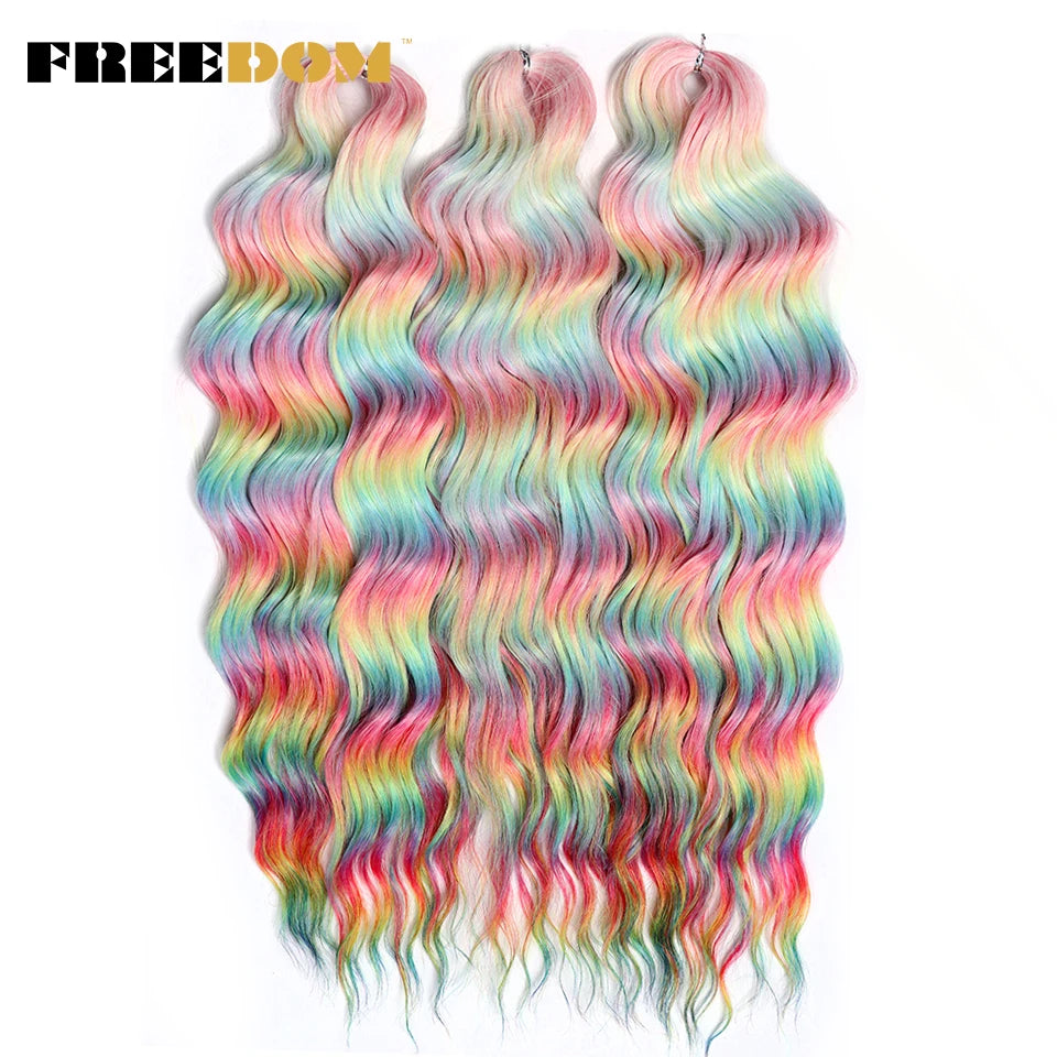 FREEDOM Synthetic Curly Braiding Hair Extensions 24 Inch/60 cm Long Deep Wavy Twist Crochet Braids Hair Ombre Brown Rainbow Hair