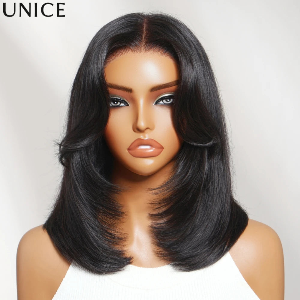 UNice Layered Cut Straight Bob Wig With Curtain Bang No-Slip 7x5 Lace Pre Cut Pre Bleached Glueless Wig Human Hair Ready To Wear
