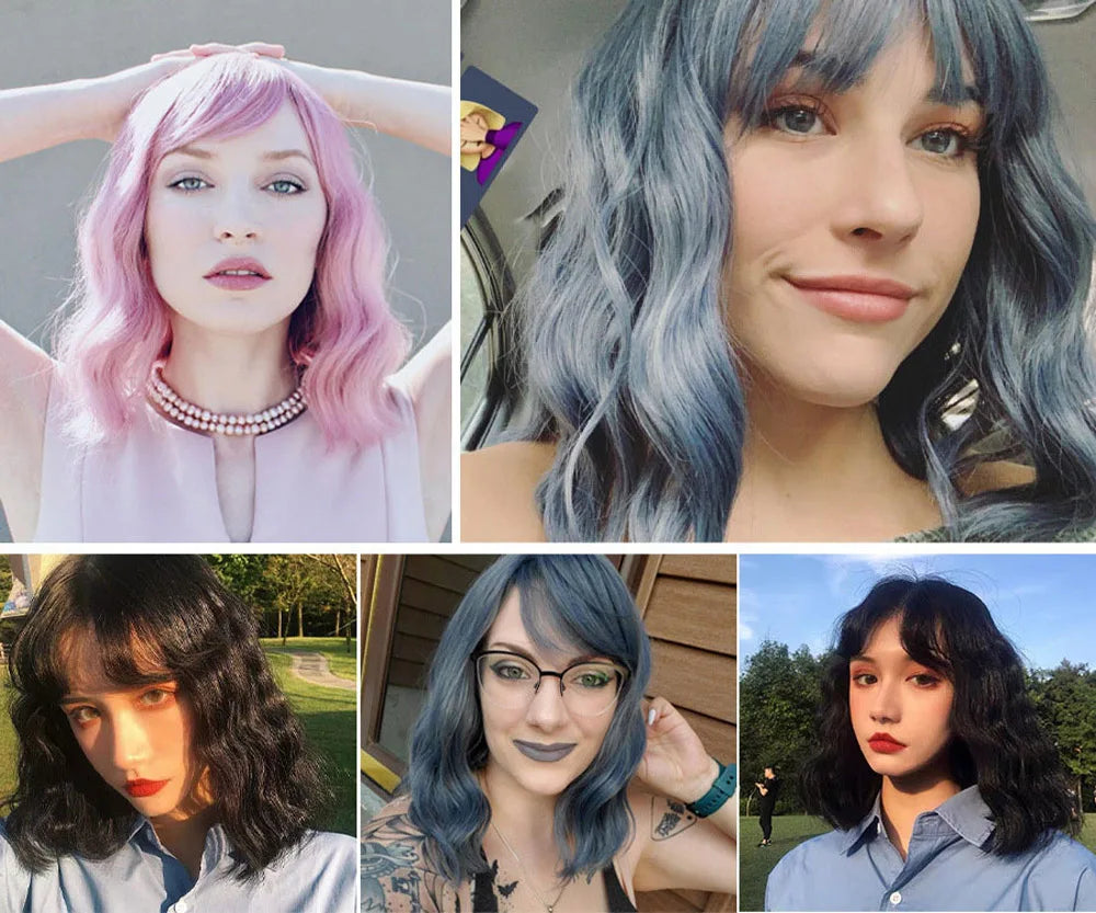 Jeedou 14 Inch Water Wave Bob Wig With Air Bangs Matte Synthetic Short Wavy Wigs For Women Daily Cosplay Colorful Wig