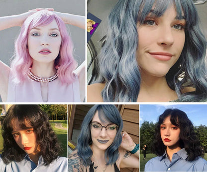 Jeedou 14 Inch Water Wave Bob Wig With Air Bangs Matte Synthetic Short Wavy Wigs For Women Daily Cosplay Colorful Wig