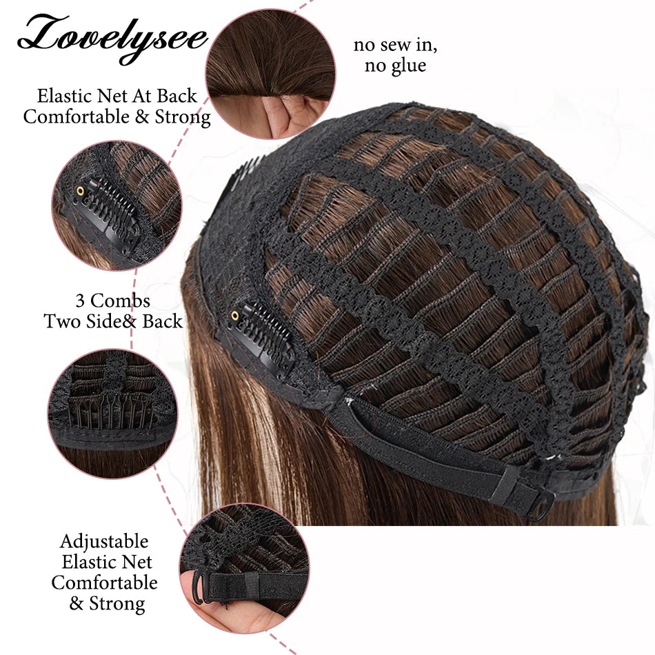 Lovelysee 3/4 Half Wig Human Hair With Clip in Hair Extensions Silky Straight Remy Hair Brown Color Soft 150% 180% Wig For Women