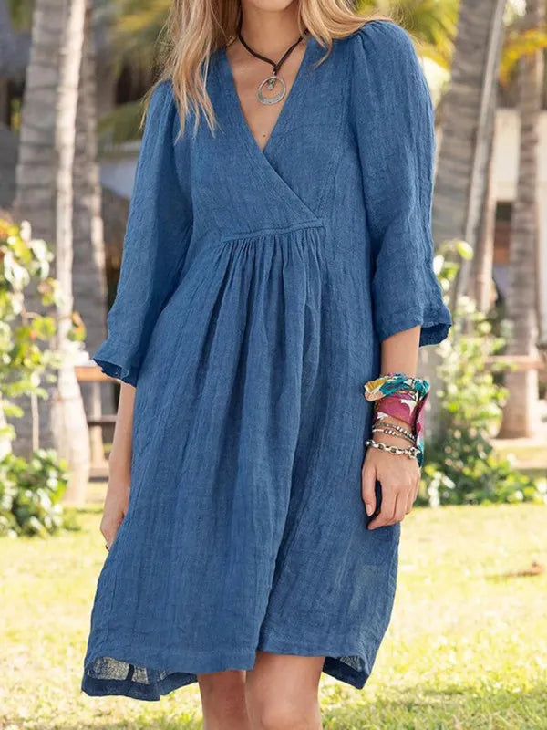 Cotton And Linen Dress For Women 2024 Autumn 3/4 Sleeve Casual Loose Solid Color V-neck Midi Dresses Elegant Women's Clothing
