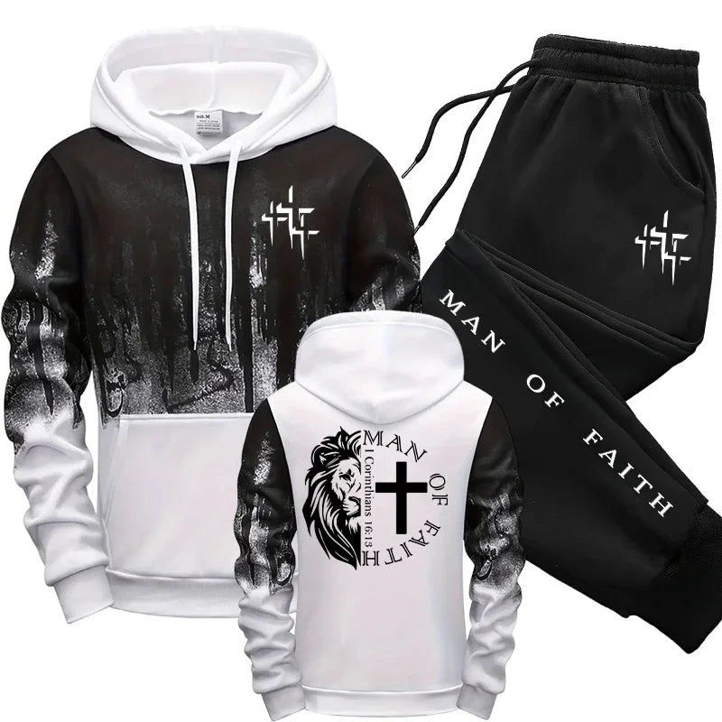 Man of Faith Pattern Men's Set Hooded Sweatshirt and Black Sweatpants Fall Winter Daily Casual Sports Jogger Suit Hoodie Outfits