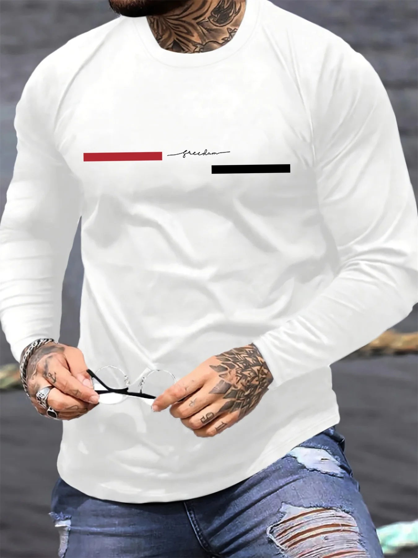 100% pure cotton men's long sleeved round neck loose casual freedom letter pattern printed spring and autumn versatile T-shirt
