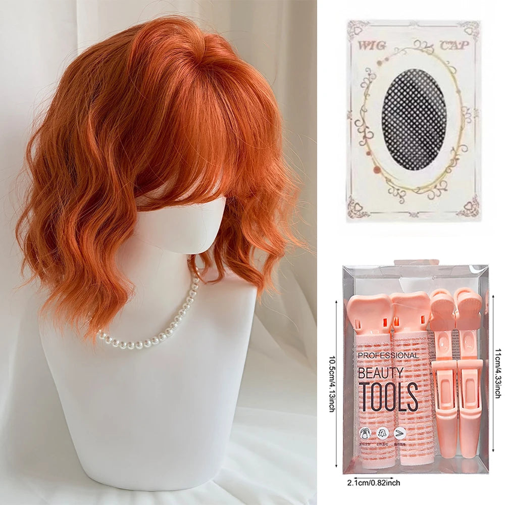 Short Wavy Orange Wig with Bangs 12inch Curly Hair Lolita High Quality Synthetic Wigs for Women Daily Cosplay Wig Heat Resistant