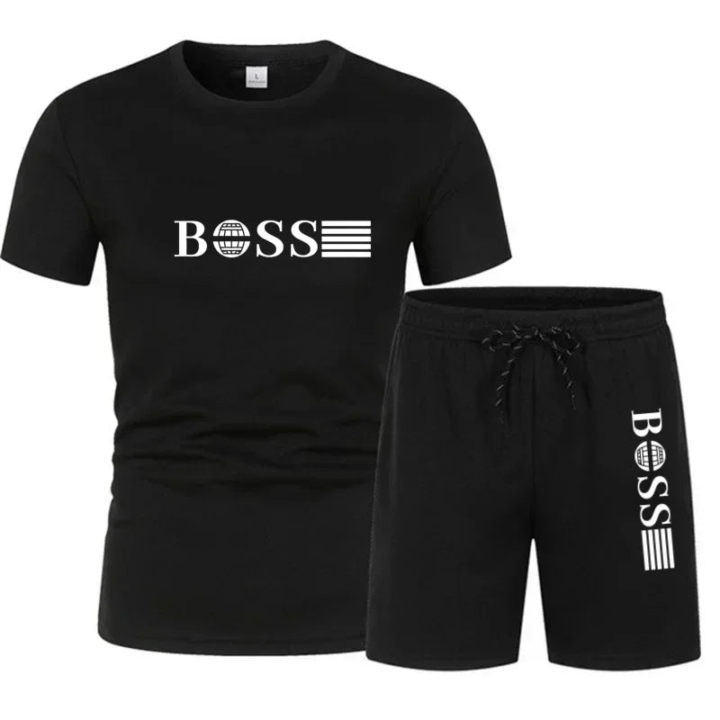 Summer new men's mesh two-piece running T-shirt and short casual elastic round-neck sports suit, comfortable and quick-drying