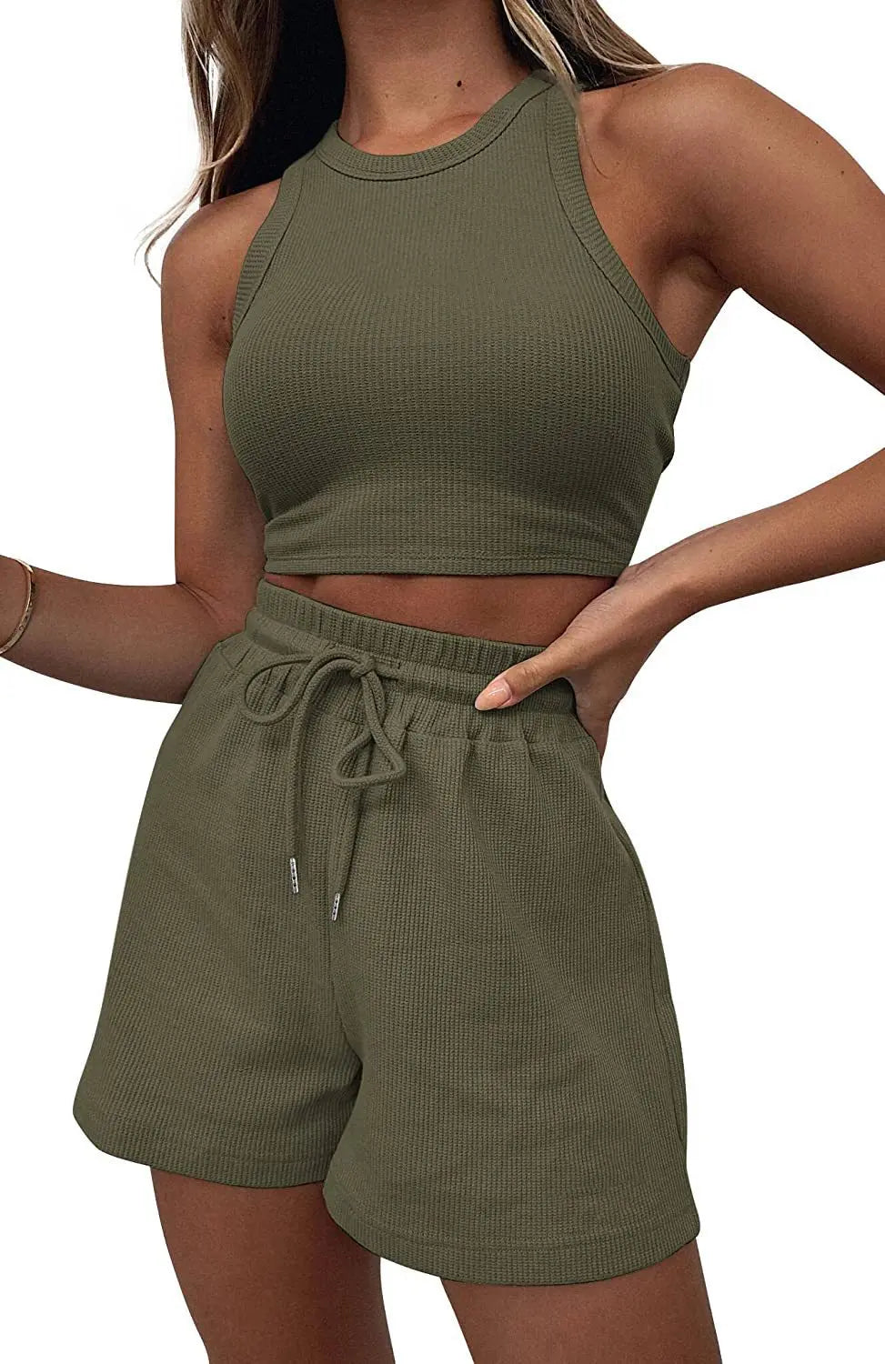 Hot Sells Women's Shorts 2-piece Set Waffle Short Vest Sports Running Elastic Waist Drawstring Summer Fashion Set for Female