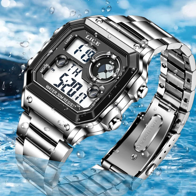 LIGE Fashion Casual Electronic Man Watch Sports Waterproof Luminous Alarm Stainless Steel Band Digital Men's Watches Chronograph
