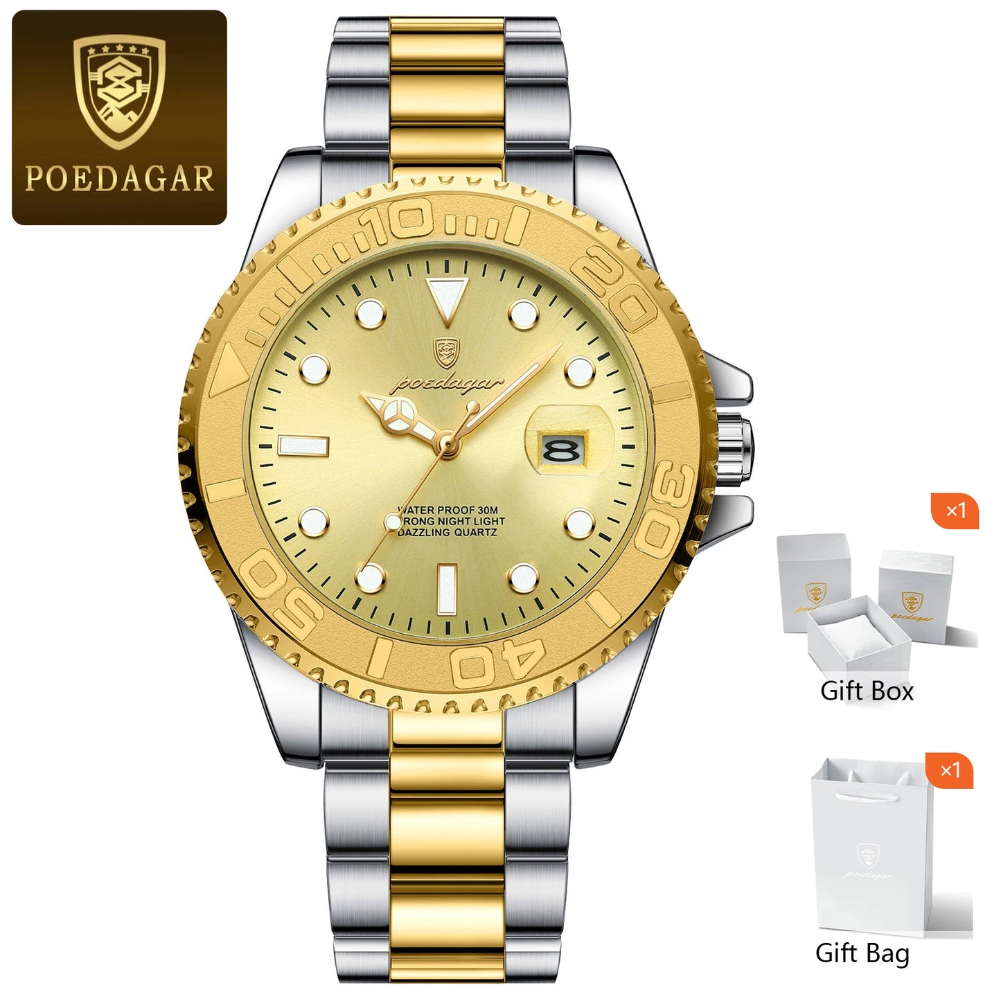 POEDAGAR Trendy Sport Man Watch Luminous Waterproof Stainless Steel Date Men Wristwatch Luxury Business Men's Quartz Watches+Box