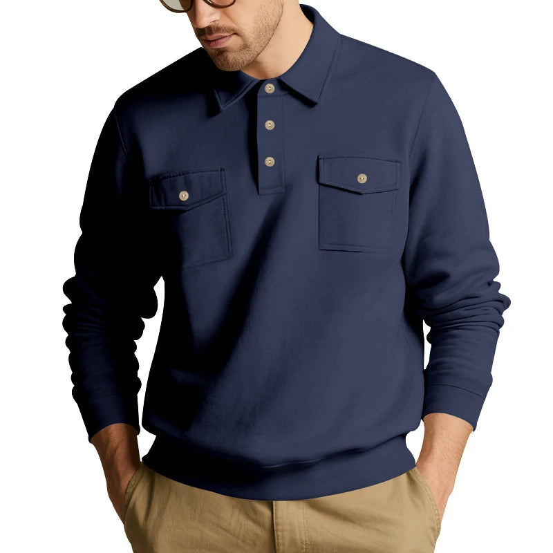 Men's 2026 European Size Heavyweight Sweatshirt, American Spring Autumn, Double Pocket Cargo Moto Style, Casual Turn-Down Collar