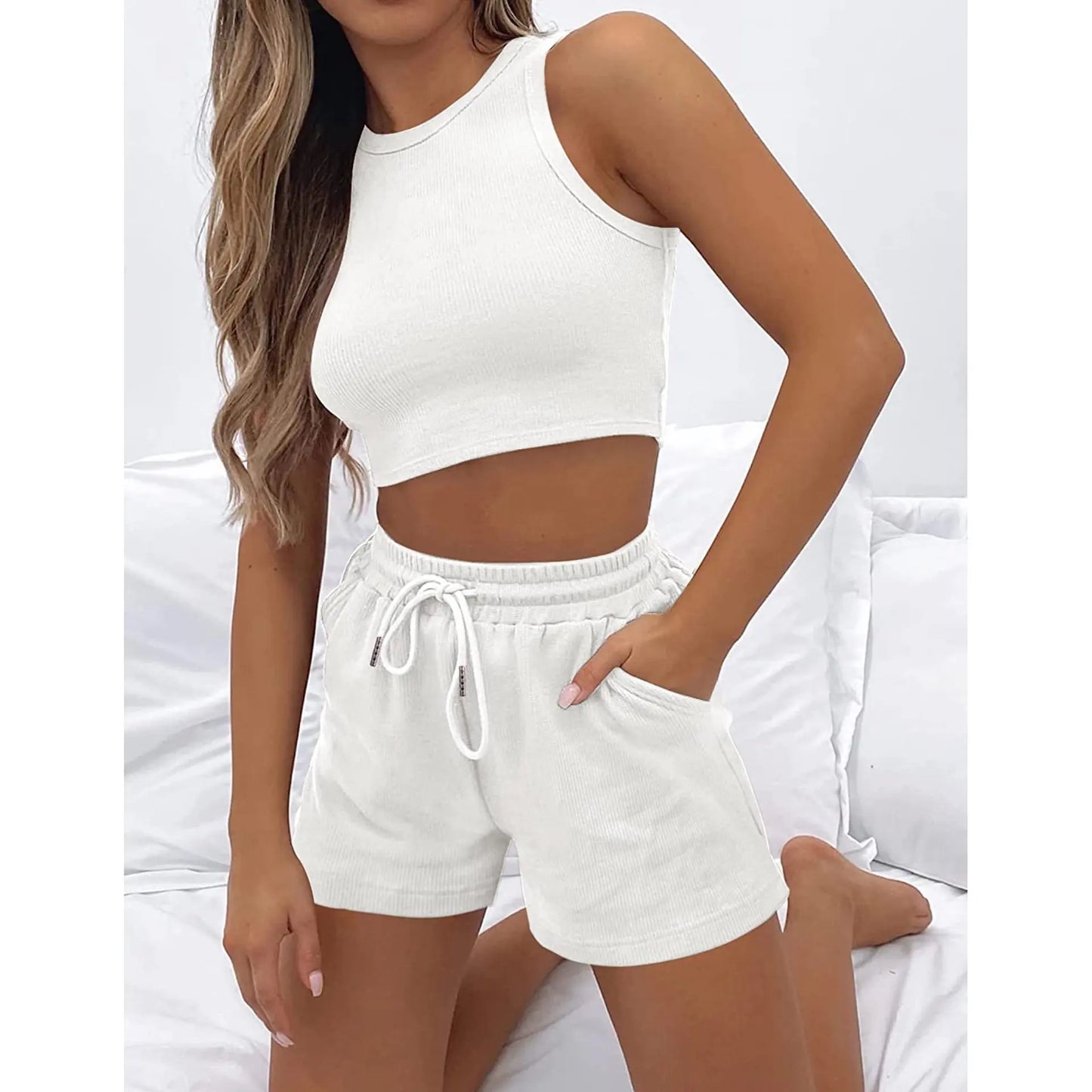 Hot Sells Women's Shorts 2-piece Set Waffle Short Vest Sports Running Elastic Waist Drawstring Summer Fashion Set for Female