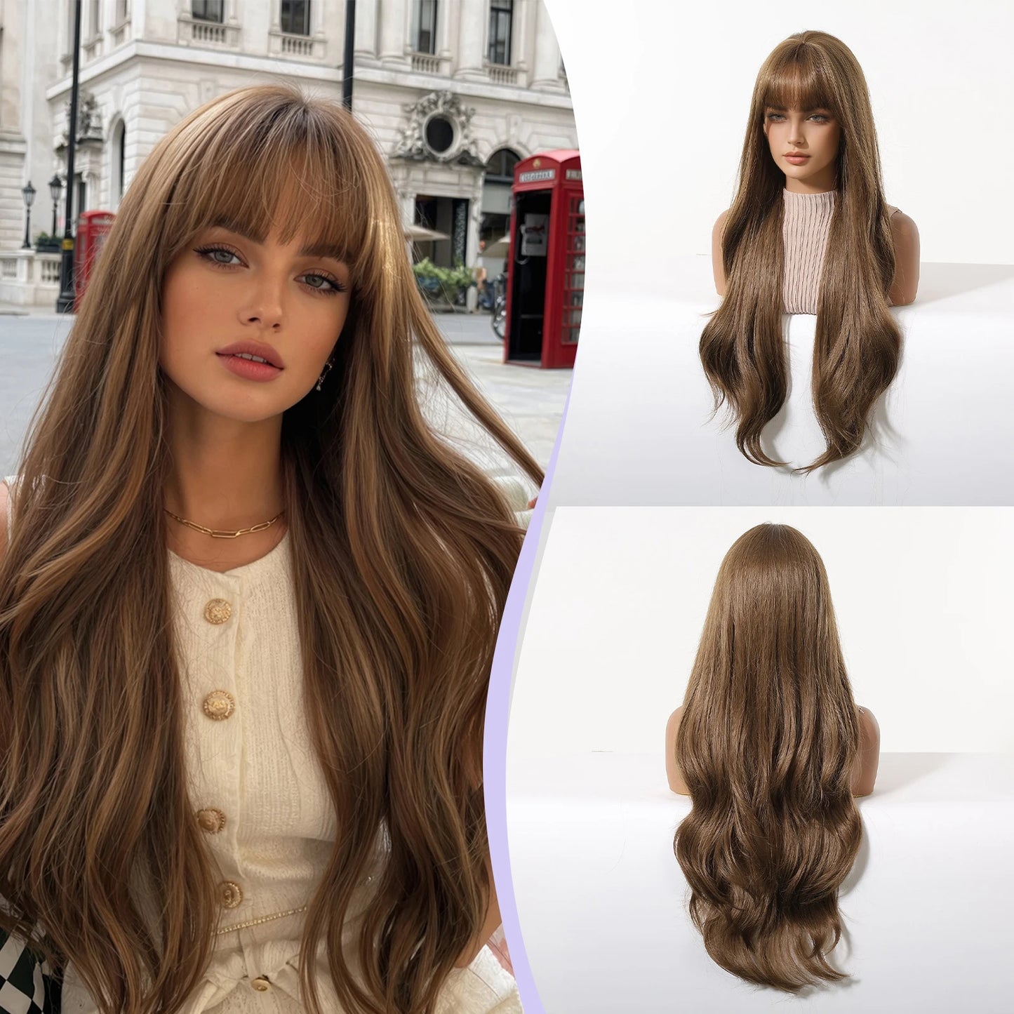 LOUIS FERRE Long Wavy Ombre Brown Wig with Bangs Synthetic Hair Wig Heat Resistant Daily Wear Office Party Cosplay Halloween