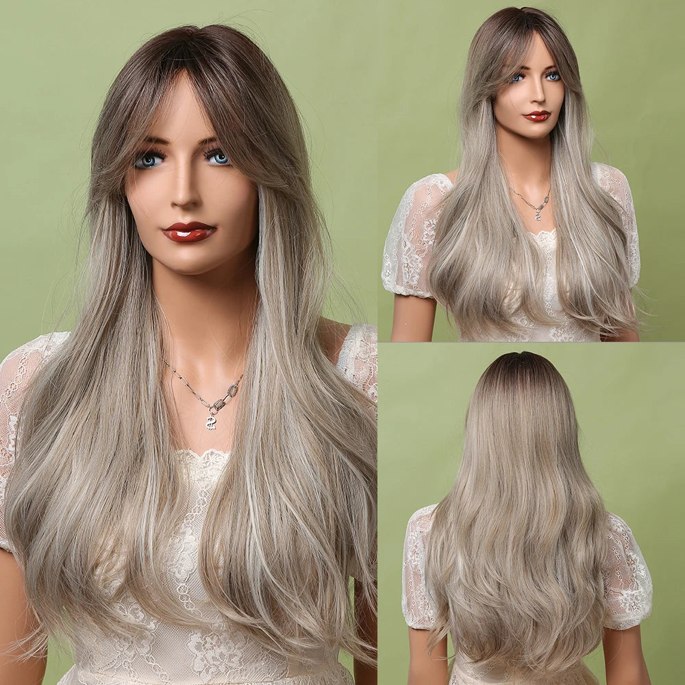LOUIS FERRE Long Wavy Ombre Brown Wig with Bangs Synthetic Hair Wig Heat Resistant Daily Wear Office Party Cosplay Halloween