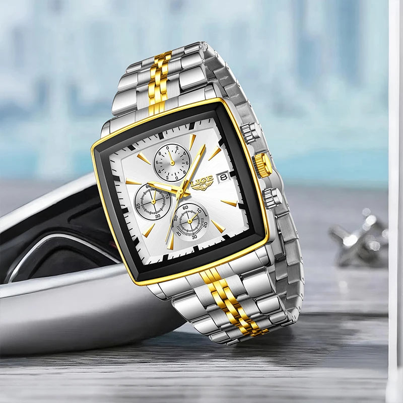 LIGE Business Men's Watches Square Waterproof Luminous Sports Quartz Watch Stainless Steel Strap Calendar Relogios Masculino+Box