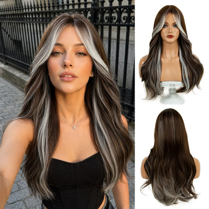 REEWES Ombre Blonde Long Black Wavy Synthetic Wig With Bang Daily Wear Anime Cosplay