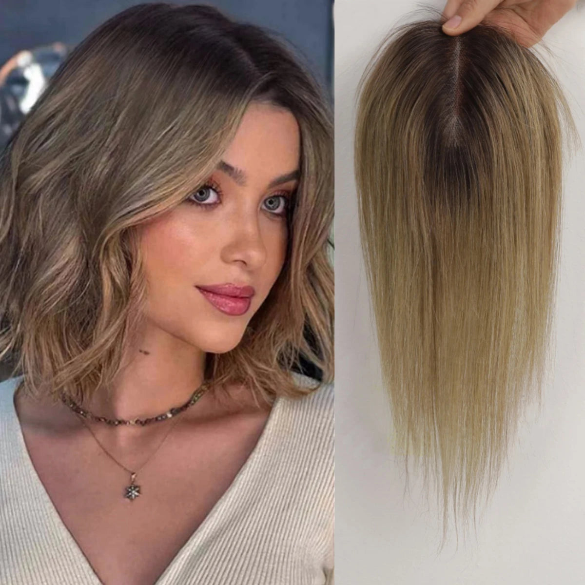 Brown Mixed Blonde Human Hair Toppers Middle Part 100% Remy Human Hair Straight Lace Base Clip in Hairpieces for Women Loss Hair