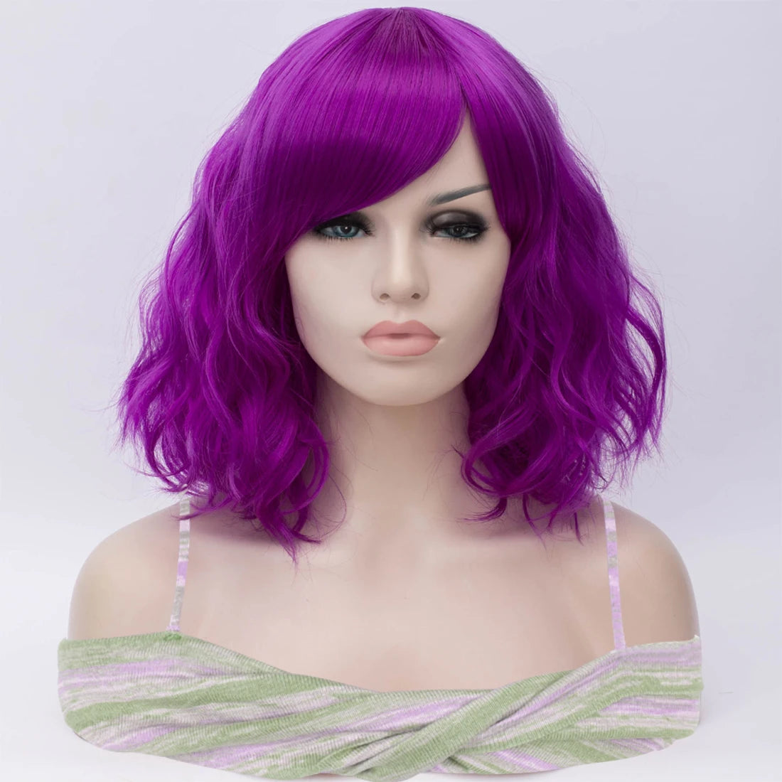 Short Purple Wavy Synthetic Wig With Side Bangs for Women Daily Cosplay Party Wear