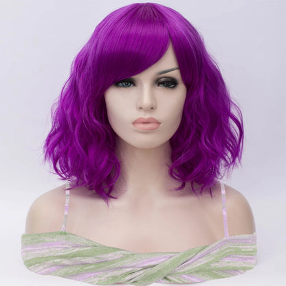 Short Purple Wavy Synthetic Wig With Side Bangs for Women Daily Cosplay Party Wear