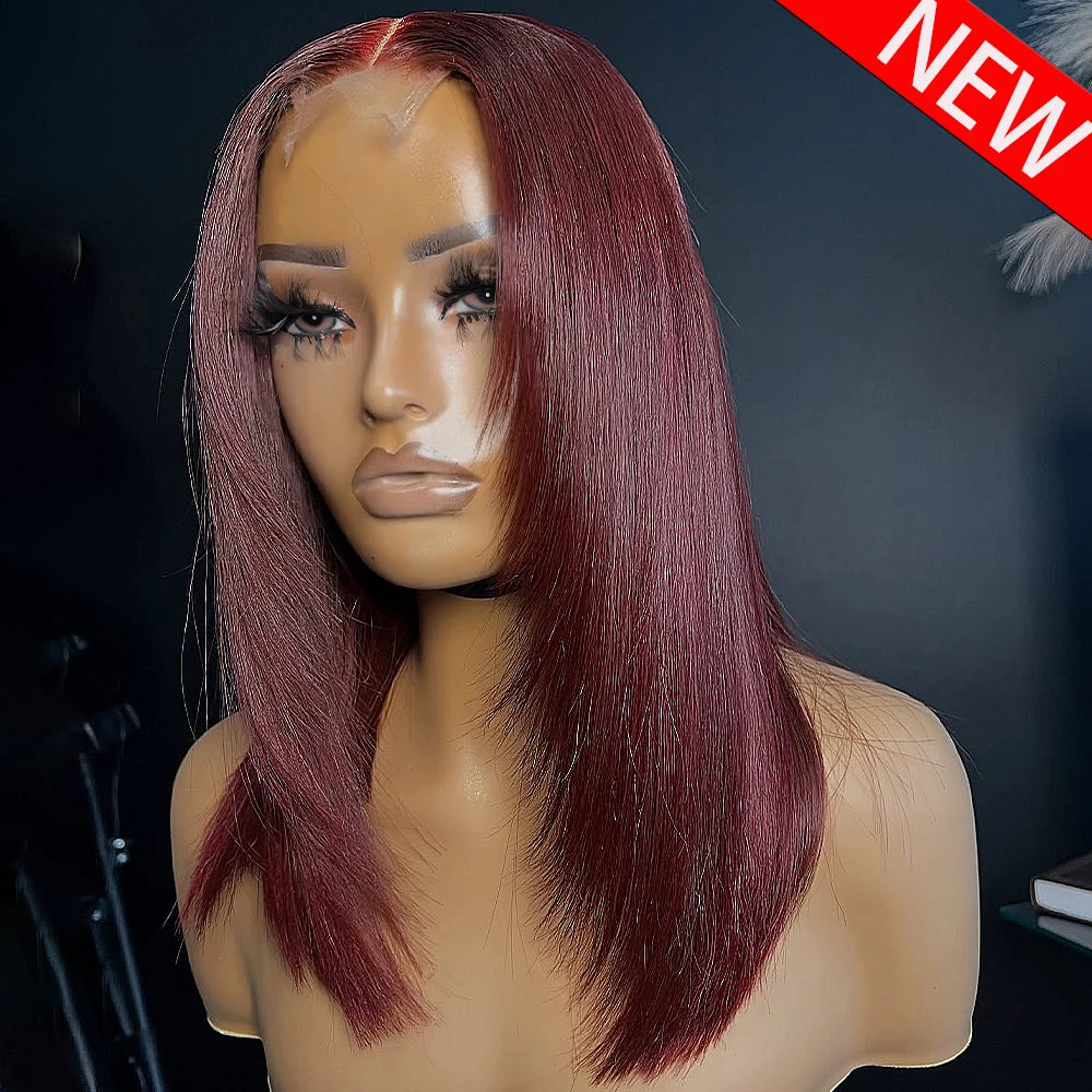 #99J Burgundy Layered straight Glueless Wig 14 Inch 13x6 HD Transparent Lace Frontal Wig 400 Density Human Hair Wigs Pre Plucked