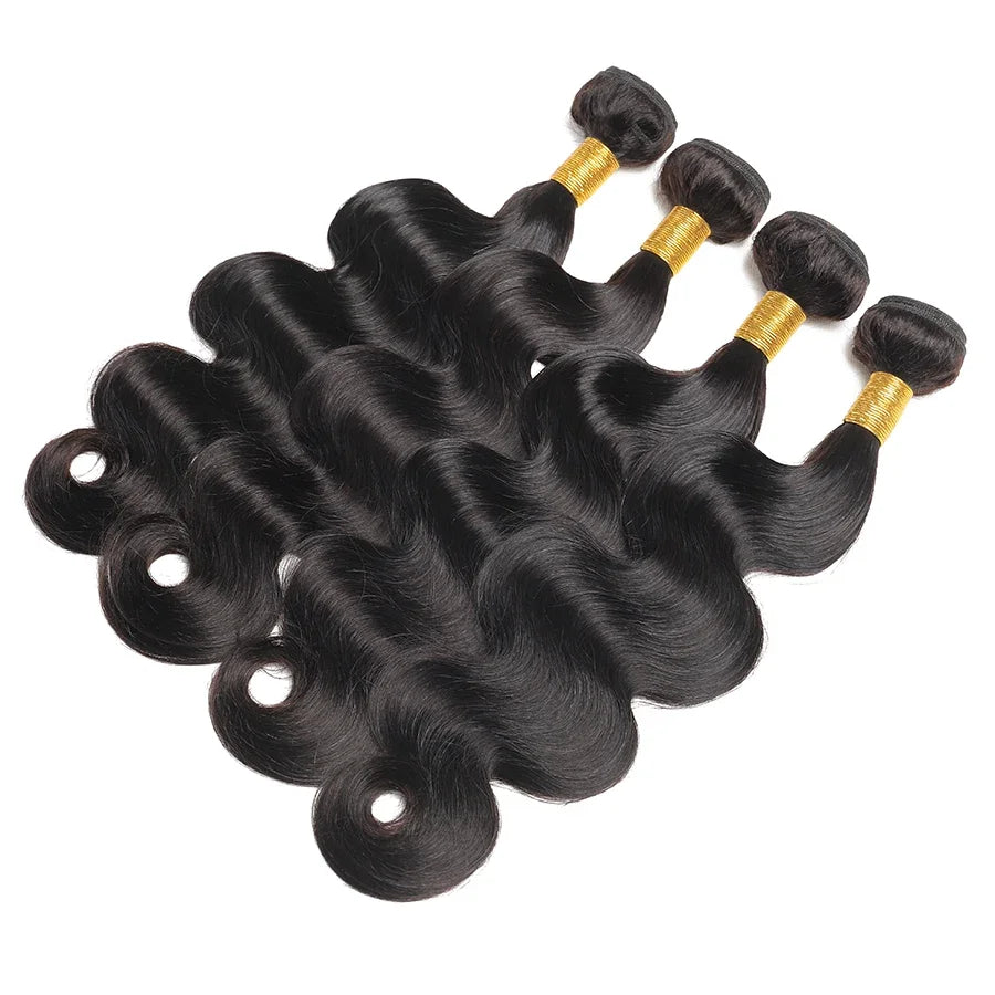 Body Wave Human Hair Bundles with Frontal Malaysian Virgin Hair Weave 3 Bundles with 13x4 Lace Frontal Hair Natural Black