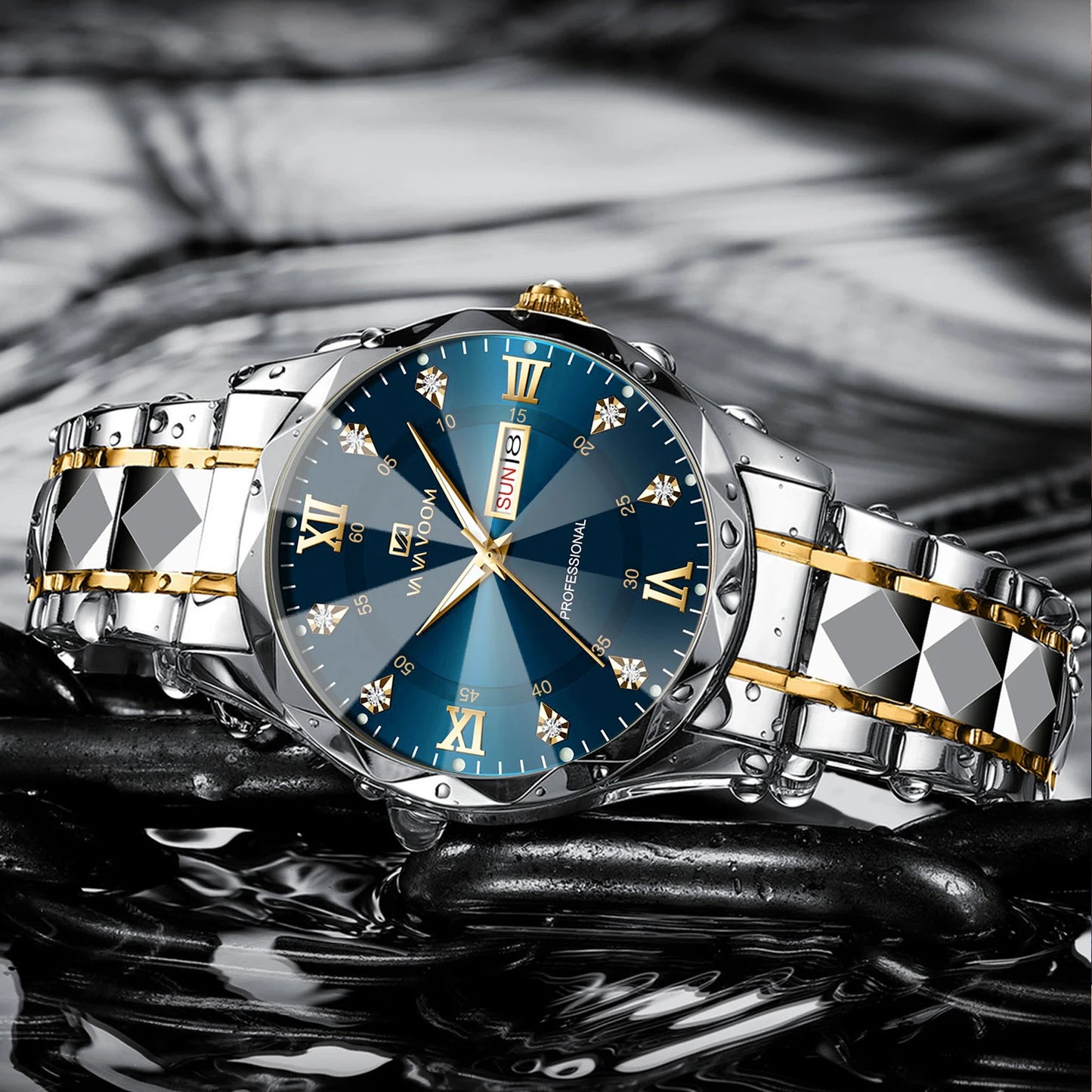 VA VA VOOM Hot Selling Original Blue Gold Quartz Watch Men Fashion High Quality Japanese Movement Gold Stainless Steel Fashion Clock Sports Gift Watch Men Rhombus Design Business Quartz Watch Men Fashion Gold Clock Sports Gift Watch for Men