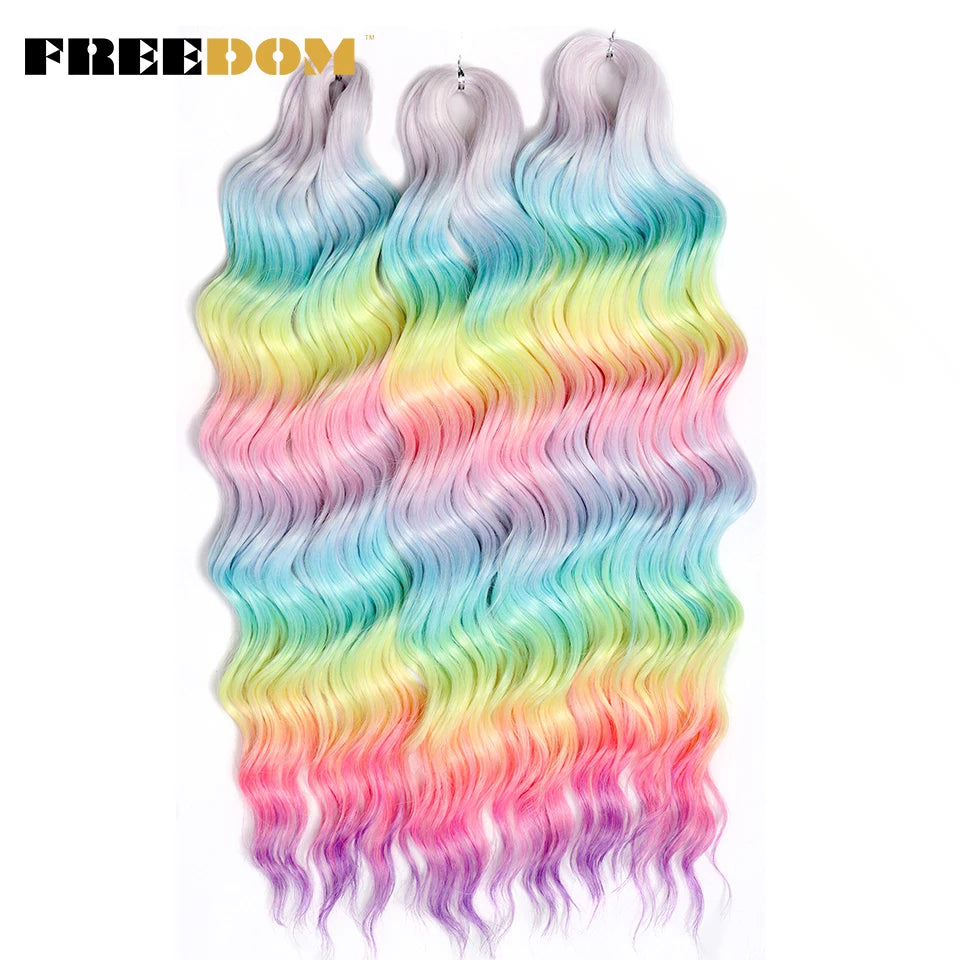 FREEDOM Synthetic Curly Braiding Hair Extensions 24 Inch/60 cm Long Deep Wavy Twist Crochet Braids Hair Ombre Brown Rainbow Hair