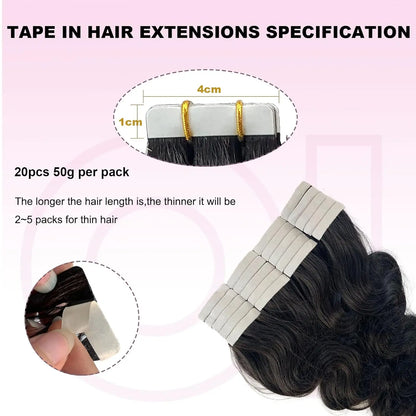 Body Wave Tape In Hair Extensions Natural Black 100% Human Hair Curly Wavy Skin Weft Invisible Full Head Tape ins Hair 20Pcs 50G