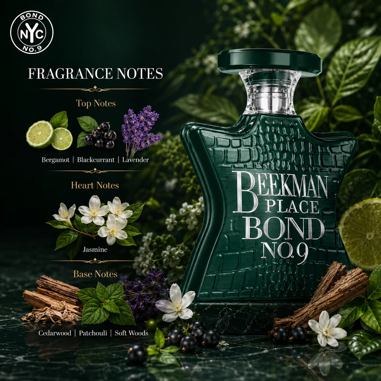 Bond No.9 Beekman Place Eau De Parfum 100ml for Men Long Lasting Luxury Niche Perfume Spray Fresh Citrus Lavender Blackcurrant Jasmine Woody Amber Musk Daily Wear Travel Gift