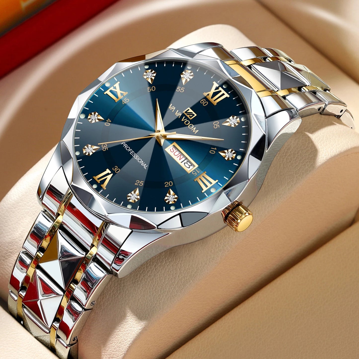 VA VA VOOM Hot Selling Original Blue Gold Quartz Watch Men Fashion High Quality Japanese Movement Gold Stainless Steel Fashion Clock Sports Gift Watch Men Rhombus Design Business Quartz Watch Men Fashion Gold Clock Sports Gift Watch for Men