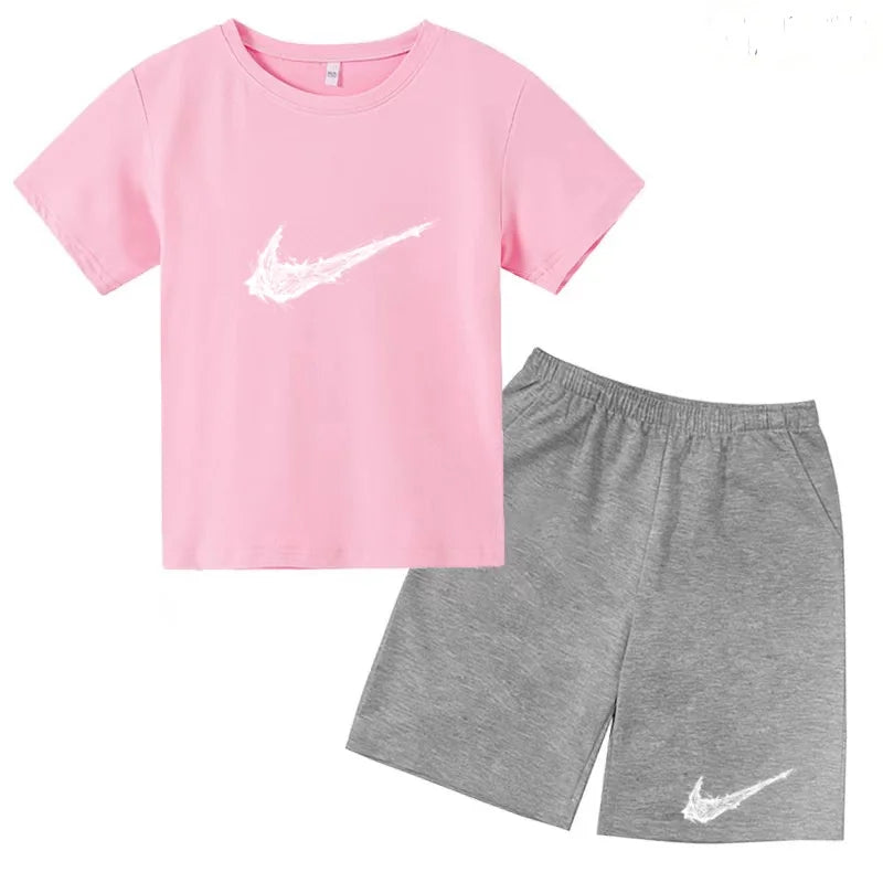 Summer Brand White T-shirt+Shorts Two-piece Set Kids New Clothing Fashion Letter Boy Girl3-13Yrs Sports Short-sleeved Casual Set