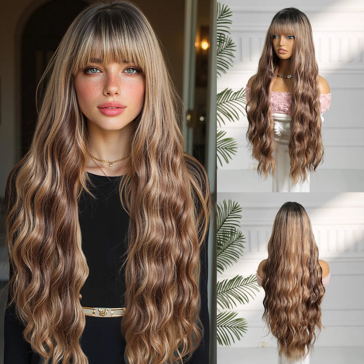 LOUIS FERRE Long Wavy Ombre Brown Wig with Bangs Synthetic Hair Wig Heat Resistant Daily Wear Office Party Cosplay Halloween
