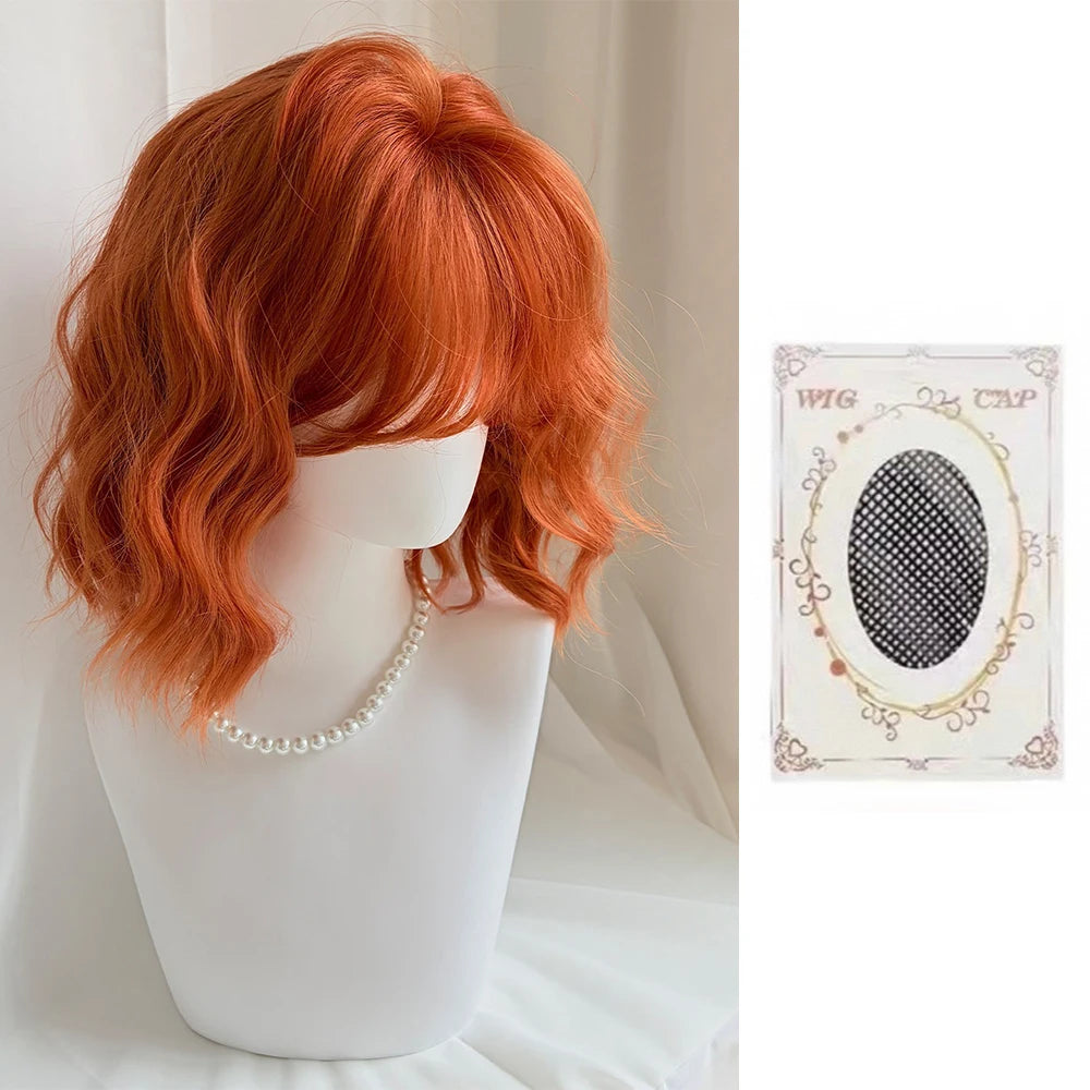 Short Wavy Orange Wig with Bangs 12inch Curly Hair Lolita High Quality Synthetic Wigs for Women Daily Cosplay Wig Heat Resistant