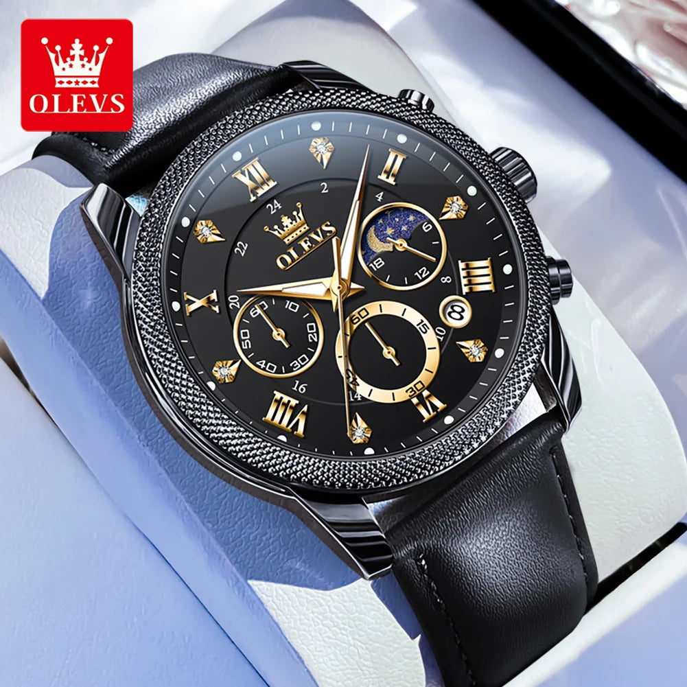 OLEVS Original Fashion Men's Watches Trendy 30m Waterproof Date Quartz Watch for Man luminous box moon phase Brand wristwatch