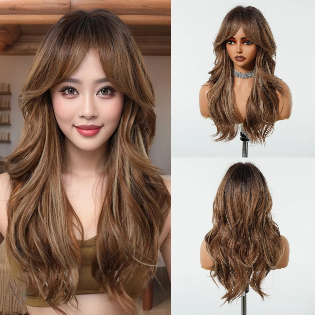 LOUIS FERRE Long Wavy Ombre Brown Wig with Bangs Synthetic Hair Wig Heat Resistant Daily Wear Office Party Cosplay Halloween