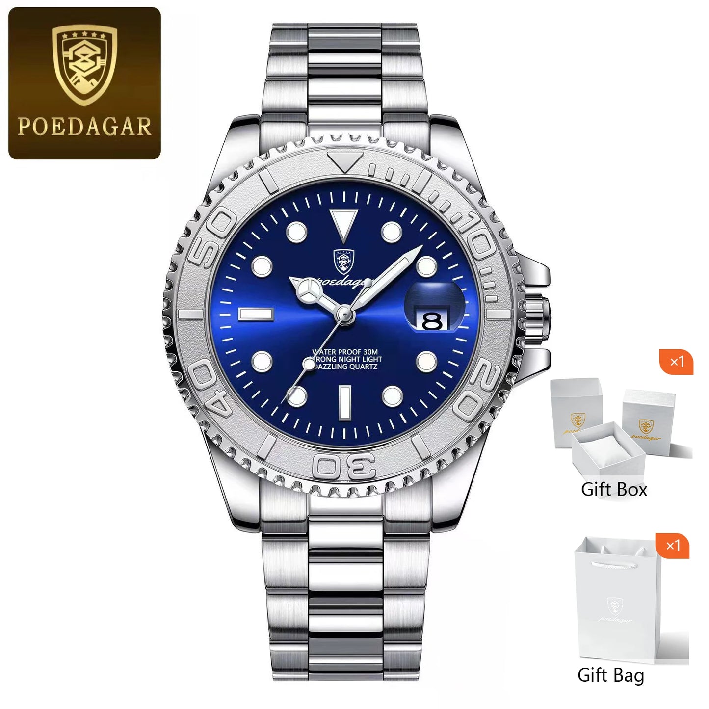 POEDAGAR Trendy Sport Man Watch Luminous Waterproof Stainless Steel Date Men Wristwatch Luxury Business Men's Quartz Watches+Box