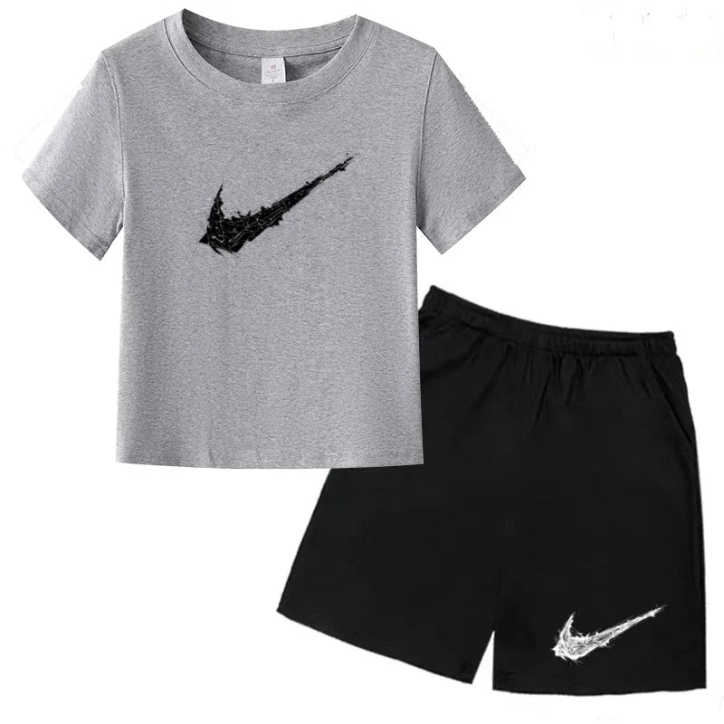 Summer Brand White T-shirt+Shorts Two-piece Set Kids New Clothing Fashion Letter Boy Girl3-13Yrs Sports Short-sleeved Casual Set