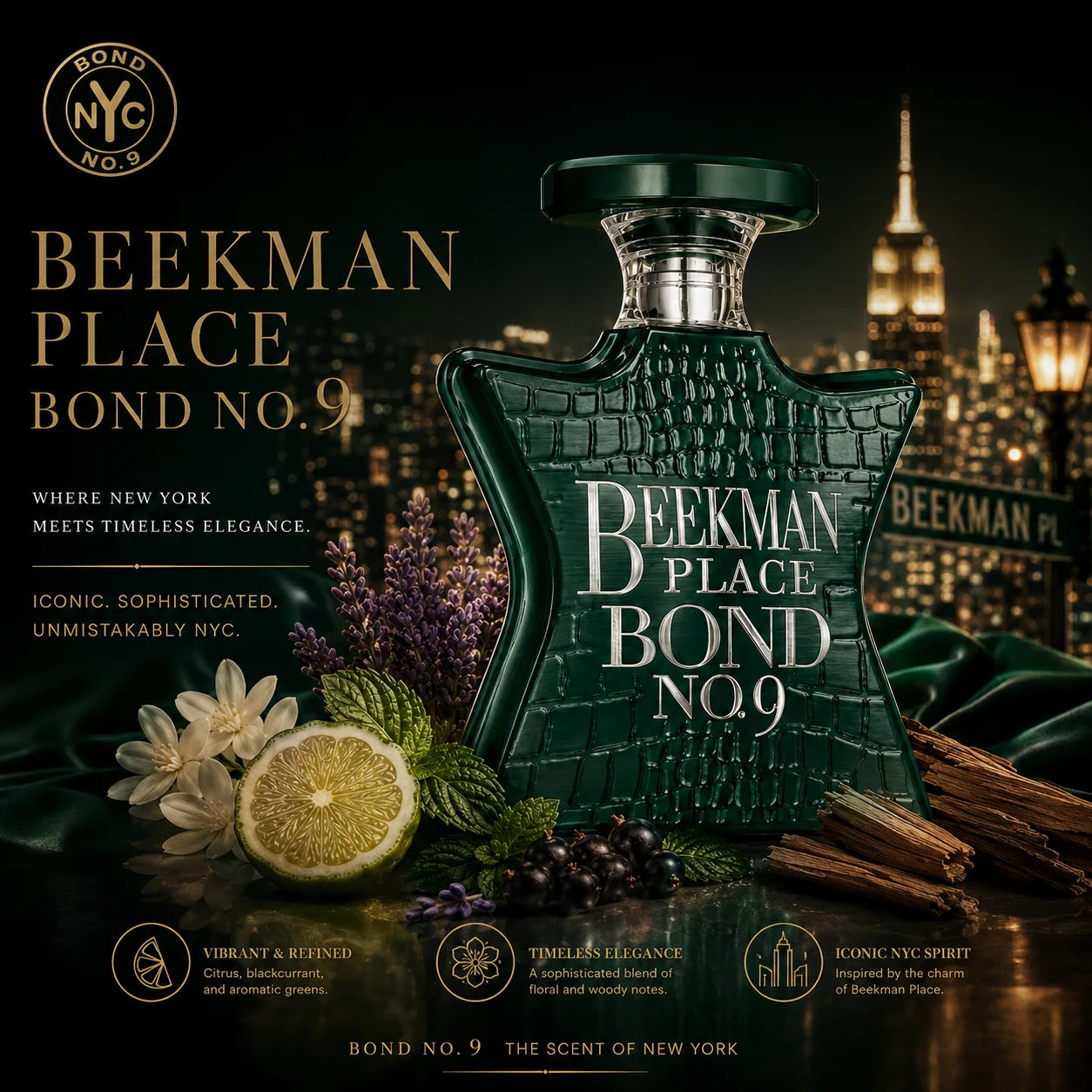 Bond No.9 Beekman Place Eau De Parfum 100ml for Men Long Lasting Luxury Niche Perfume Spray Fresh Citrus Lavender Blackcurrant Jasmine Woody Amber Musk Daily Wear Travel Gift
