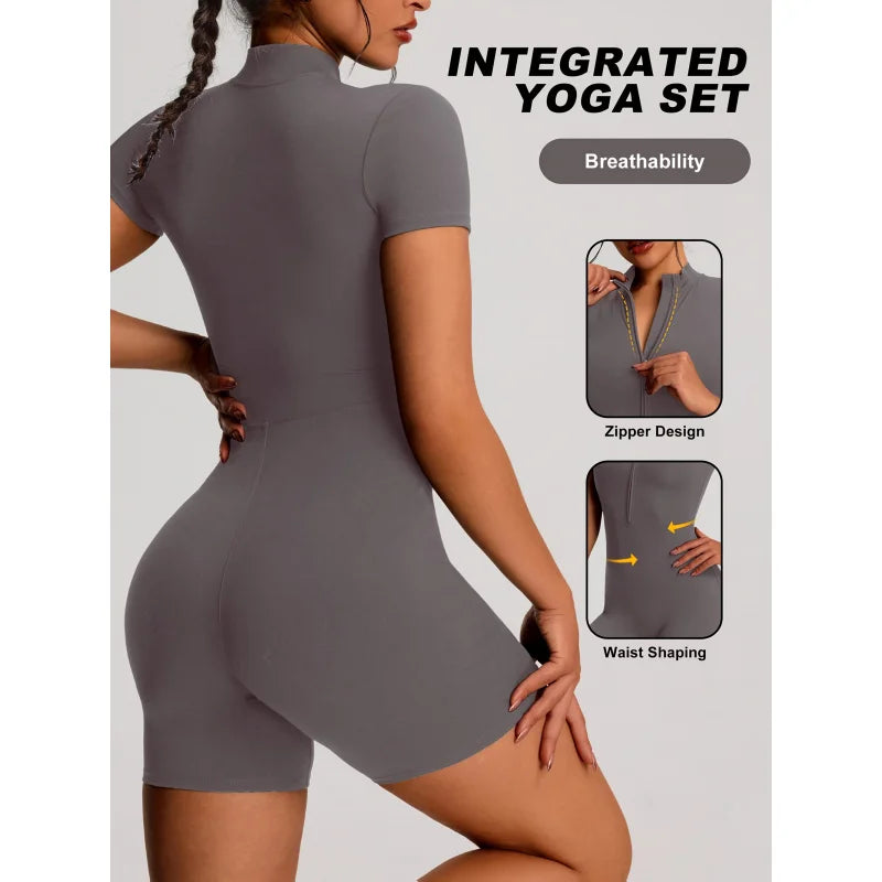 developed 1pc Solid Color Women's Sport Zip-up Stand-up Collar Casual Bodysuit Jumpsuit, Short Sleeves, Zipper Design