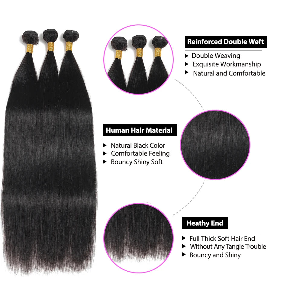 13x4 Transparent  Lace Frontal with Bundles Brazilian Virgin Human Hair With Lace Front Straight Hair Extension Natural Black