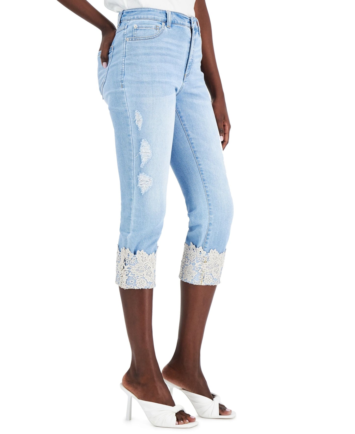 INC International Concepts Petite Distressed Laced Cuff Cropped Denim