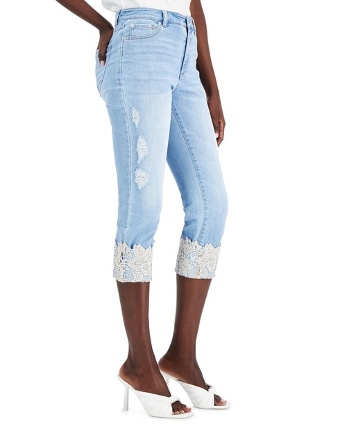 INC International Concepts Petite Distressed Laced Cuff Cropped Denim