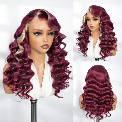 Alipearl Hair Side Part 13x4 Burgundy 99J Wig with Blonde Ombre Human Hair Lace Frontal Wig Ocean Wave Glueless Wig Pluck