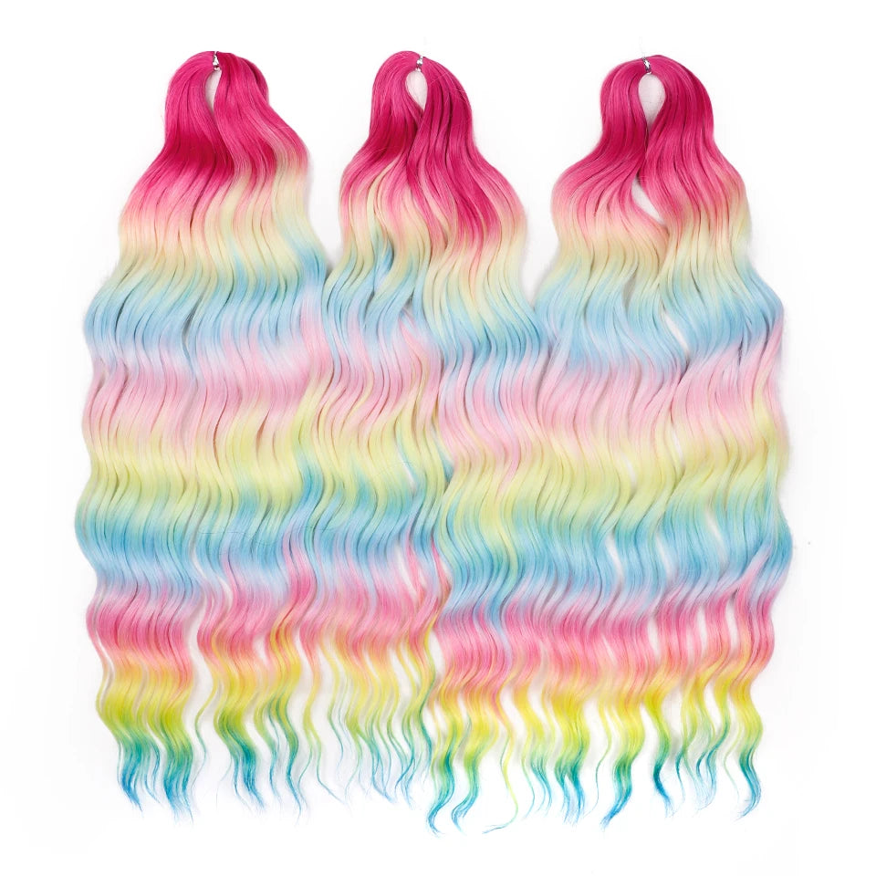 FREEDOM Synthetic Curly Braiding Hair Extensions 24 Inch/60 cm Long Deep Wavy Twist Crochet Braids Hair Ombre Brown Rainbow Hair